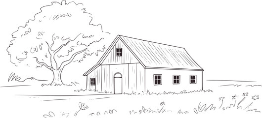 A simple line drawing of a barn and tree house building © Mehedi