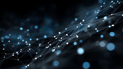 A complex network of interconnected lines and dots against a dark background, representing digital connectivity and data flow.