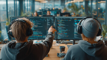 Two programmers collaborating in an office, wearing headphones and looking at code on monitors