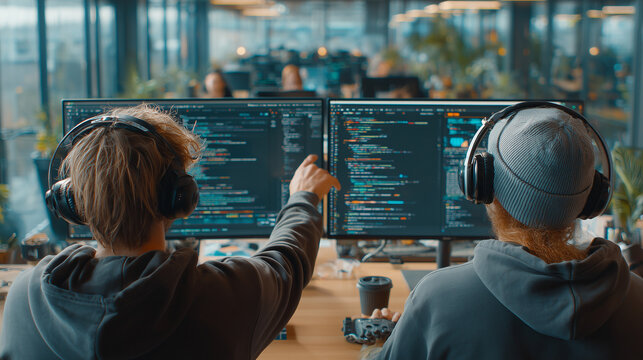 Two programmers collaborating in an office, wearing headphones and looking at code on monitors