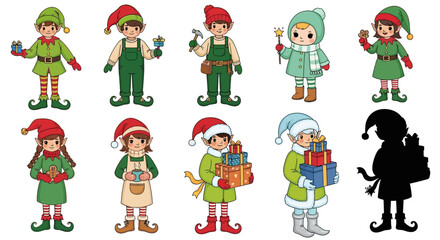 Collection of cartoon elves, each with unique outfits and accessories, ready for the holidays.
