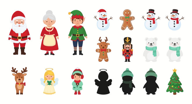 A collection of cute cartoon Christmas characters and symbols isolated on a white background.