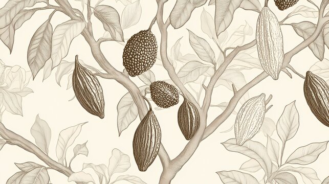 Botanical illustration displays cocoa tree branches adorned with maturing fruit pods and foliage in a sepia tone.