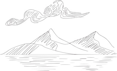 Fototapeta premium Minimalist line drawing of mountains and water with abstract cloud