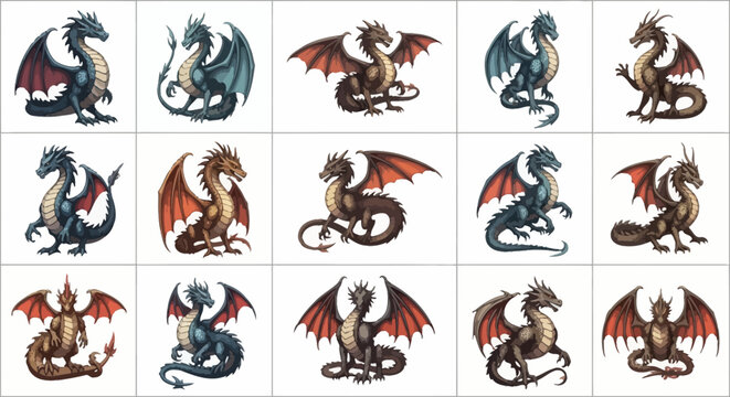 A collection of various dragon illustrations, each with unique poses and wing designs, in a grid.