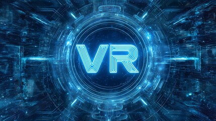 A high-tech interface with a circular, glowing VR logo at its center, surrounded by intricate blue circuitry and glowing lights.