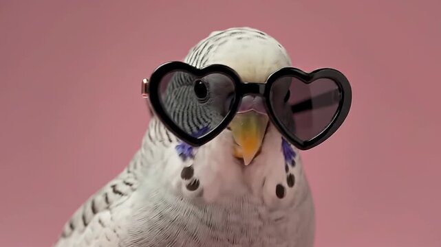 A close-up portrait of a white and grey parakeet wearing black heart-shaped sunglasses against a solid pink background