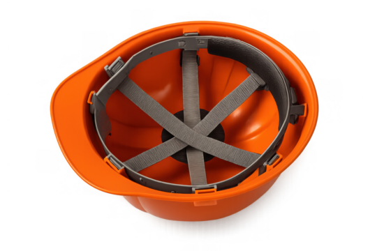 Orange safety hard hat providing head protection for construction workers, engineers, and industrial sites, transparent background