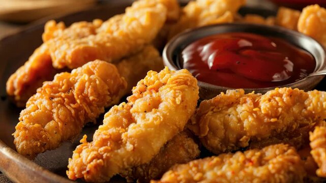Crispy fried chicken strips served with side of ketchup