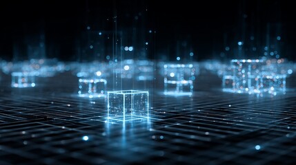 Stunning futuristic data grid with glowing cubes conveys cutting-edge technology, data analytics, innovation and sleek modern design aesthetics