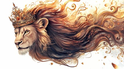 Majestic crowned feline head rendered with flowing, warm toned abstract mane elements
