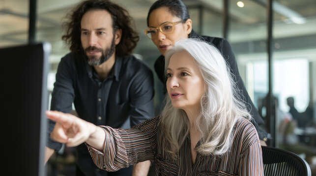 Diverse team collaborating and pointing at computer screen in modern office setting. - Powered by Adobe