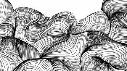 Abstract composition features dense black wavy lines against a white background suggesting fluid movement