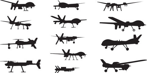Various unmanned aerial vehicle drone silhouettes isolated on white background