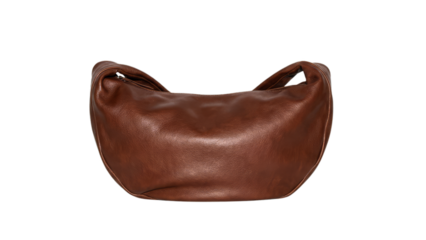 A stylish brown leather crescent bag, a versatile fashion accessory, is clearly displayed as an isolated png with a transparent background.