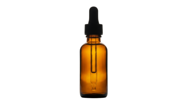 An isolated amber glass dropper bottle stands upright, ready for use, with a transparent background, perfect as a png image.