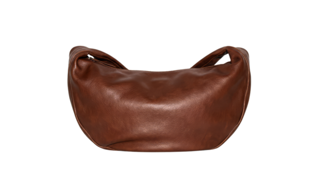 A stylish brown leather crescent bag, a versatile fashion accessory, is clearly displayed as an isolated png with a transparent background.