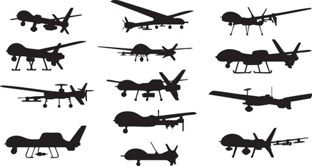 Various drone silhouettes collection featuring diverse unmanned aerial vehicle designs