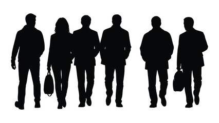 Diverse group of people walking silhouettes isolated on white background, Vector