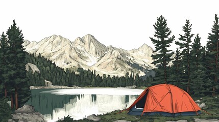 Brightly colored shelter stands ready beside a tranquil alpine lake backed by towering peaks