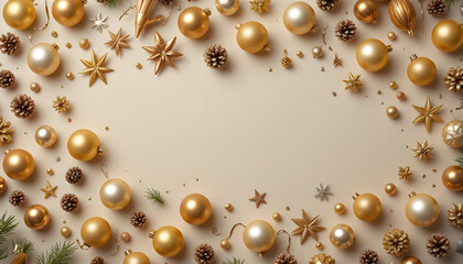 Golden Christmas background frame with round bauble decorations and a gold frame border design for a holiday celebration card