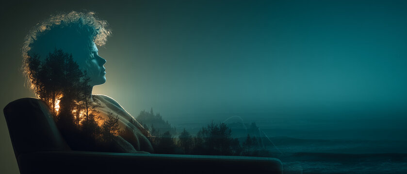 Double exposure of woman's profile with forest and sunset integrated, evoking introspection.