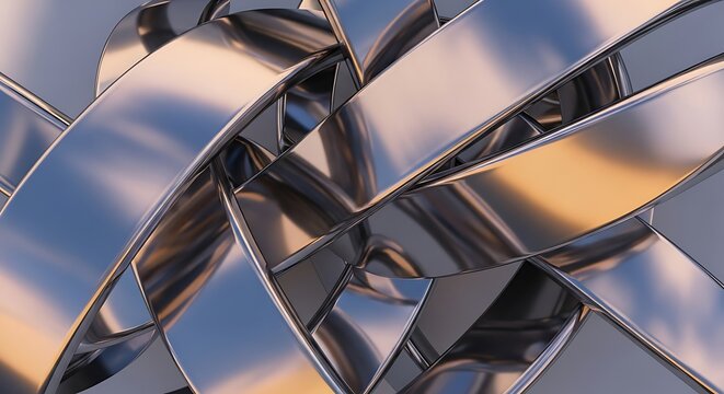 Abstract background of interwoven chrome metal ribbons reflecting light.