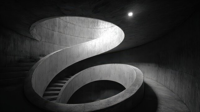 spiral concrete staircase in an observation tower featuring modern architectural design and dramatic lighting effects