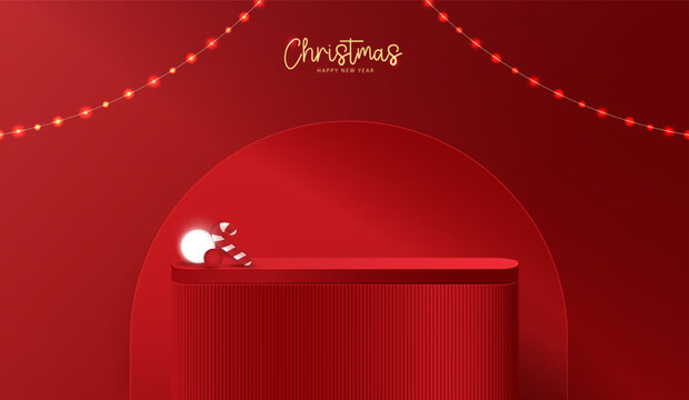 Podium stage for show product display for festive decoration christmas day or new years. stand product showcase on red background with lighting christmas or presentation. vector design.