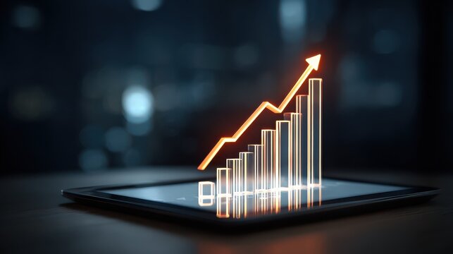 dynamic business growth visualized with rising bar chart and upward arrow on tablet screen symbolizing success and progress - Powered by Adobe