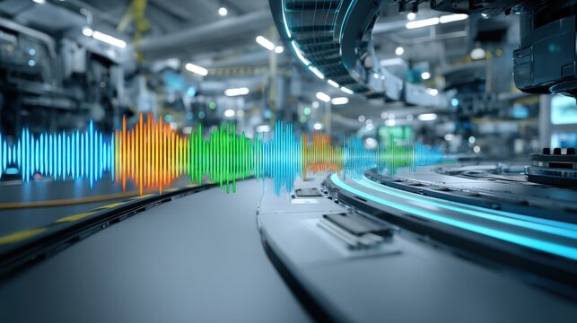 High-tech manufacturing process visualization factory floor digital waveform representation industrial environment close-up view innovation in automation