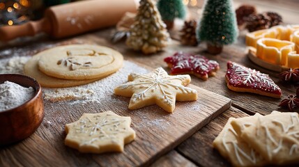 Festive holiday baking scene featuring delicious snowflake cookies and miniature Christmas trees creates a warm, inviting atmosphere for the holidays