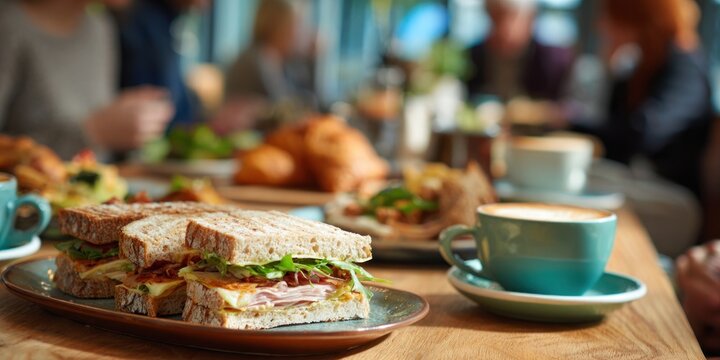Delicious lunch spread with sandwiches and coffee at cafe.