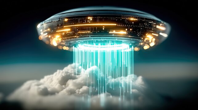 Ufo encounter atmospheric clouds digital art sci-fi environment aerial view extraterrestrial concept