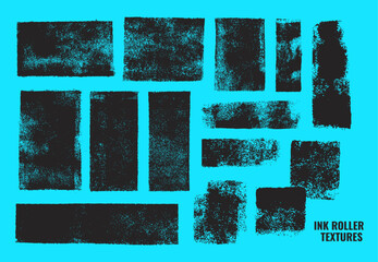 grunge ink roller textures set on blue background. distressed roller linocut stamps, printmaking overlays for graphic design