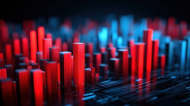 dynamic 3d bar chart visualization with red and blue glowing lights representing data growth and financial analysis in a modern tech environment
