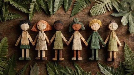 diverse paper cutout figures holding hands on wood with greenery background for corporate teamwork and inclusive wellness event promotion
