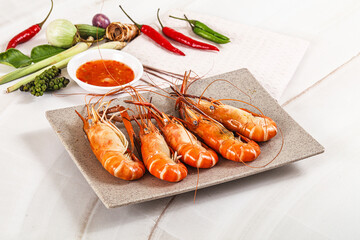 Boiled tiger prawn with sauce