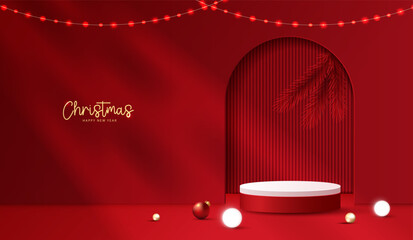Fototapeta premium Podium stage for show product display for festive decoration christmas day or new years. stand product showcase on red background with lighting christmas or presentation. vector design.