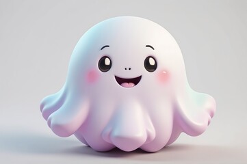 A cheerful, pastel-colored cartoon ghost with a happy expression and rosy cheeks