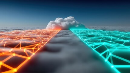 Digital transformation event futuristic cloudscape with network grids virtual environment aerial viewpoint abstract technology concept