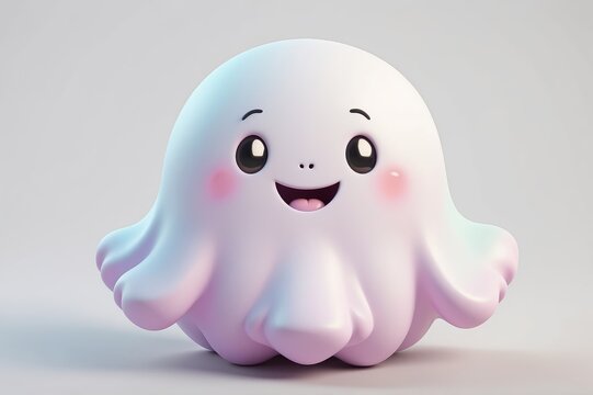 A cheerful, pastel-colored cartoon ghost with a happy expression and rosy cheeks