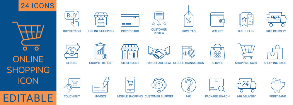 A clean 24-icon online shopping line set featuring cart, payment, delivery, offer, wallet, review, support, refund, and mobile shopping. Perfect for e-commerce, apps, websites, and marketing use.