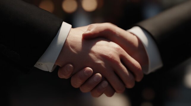 the image shows two lightskinned hands shaking both wearing business attire with white dress shirts and dark suits
