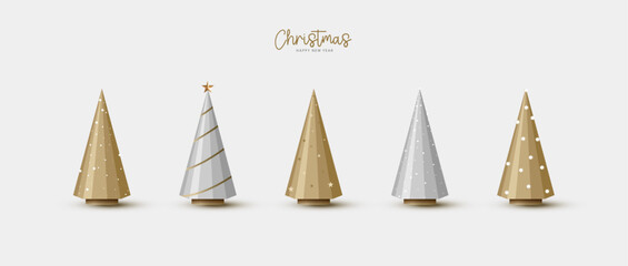 Minimal 3D gold Christmas trees in modern festive design, holiday decoration set for Christmas and New Year themes, winter celebration graphics, seasonal ornaments, and stylish elements.
