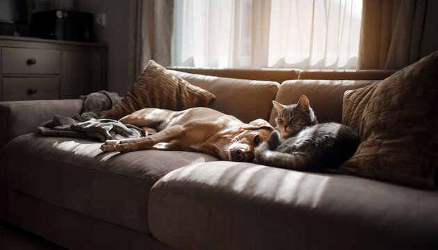 cat and dog relaxing on the sofa with cozy vibes - Powered by Adobe