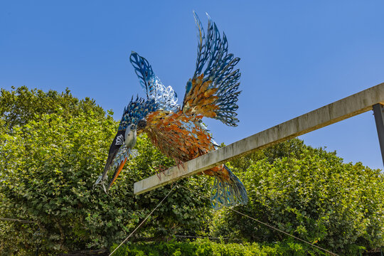 A vibrant, artistic metal sculpture of a kingfisher bird catching a fish, perched outdoors in Porto de Mos, Portugal, against a clear blue sky. Porto de Mos, Portugal. 10 August 2025.