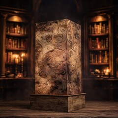Ornate Brown Wooden Table Lamp In Dark Library Setting