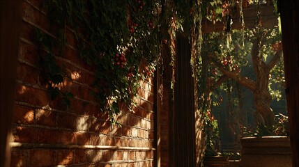 Sunlight Filtered Garden Pathway With Vines