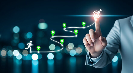 Businessman pointing at a digital roadmap with goal and milestones on a blurred city background